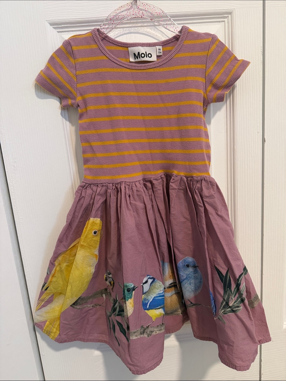 Molo Pink Stripe Dress with Yellow Stripes & Bird Print